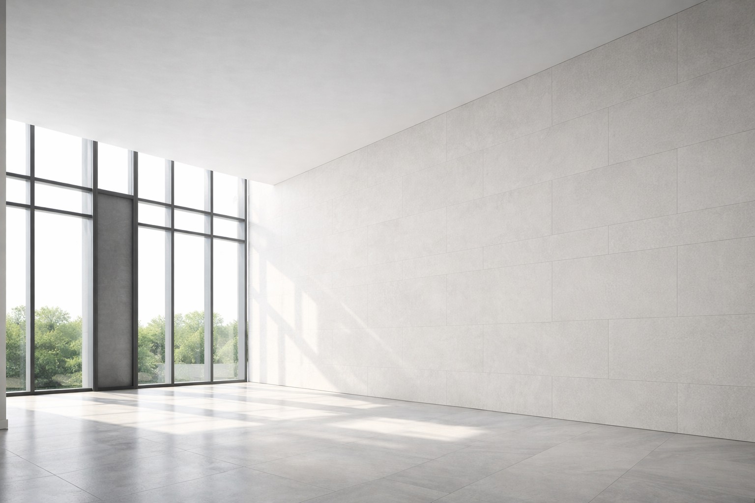 Bright modern living room with natural daylight and clean mineral wall